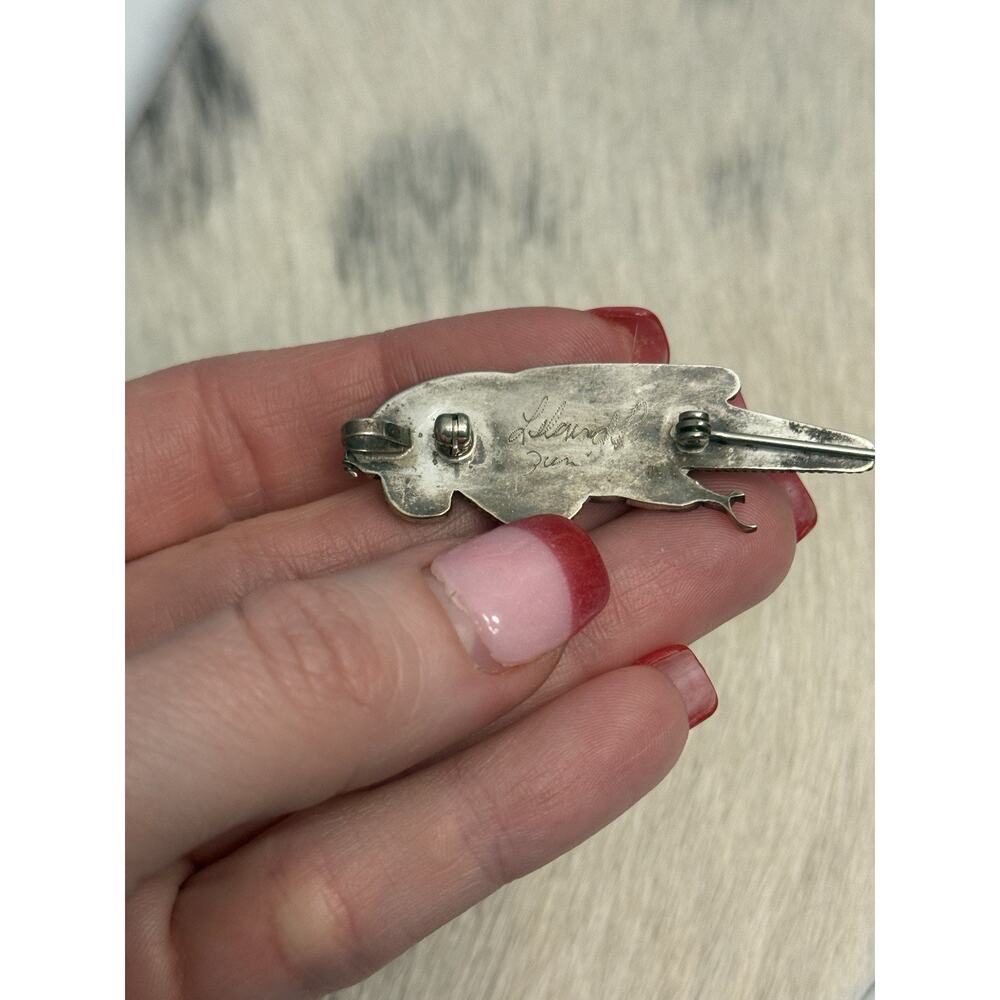 Zuni 2” Leland Peketewa Sterling Silver Inlay Turquoise Coral MOP Parrot Pendant - Picture 5 of 13